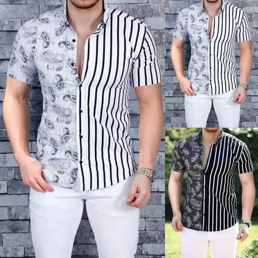 YYG Mens Casual Business Long Sleeve Button Down Stripe Print Dress Shirts 
